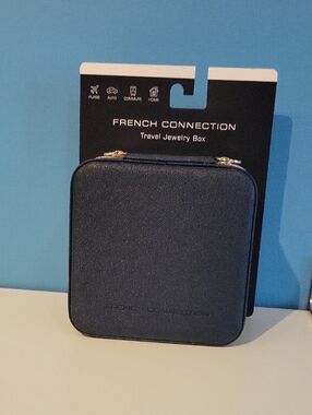 French Connection Navy Travel Jewelry Box with Gold Zipper Accents